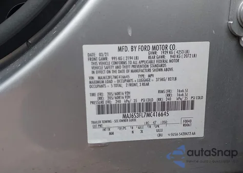 2021 Ford Ecosport S из США, поврежденный, VIN MAJ6S3FL7MC416645